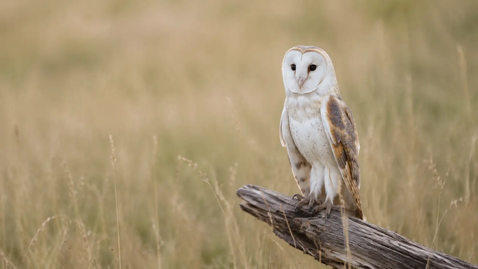 Barn owl perched on a fallen branch in native grassland